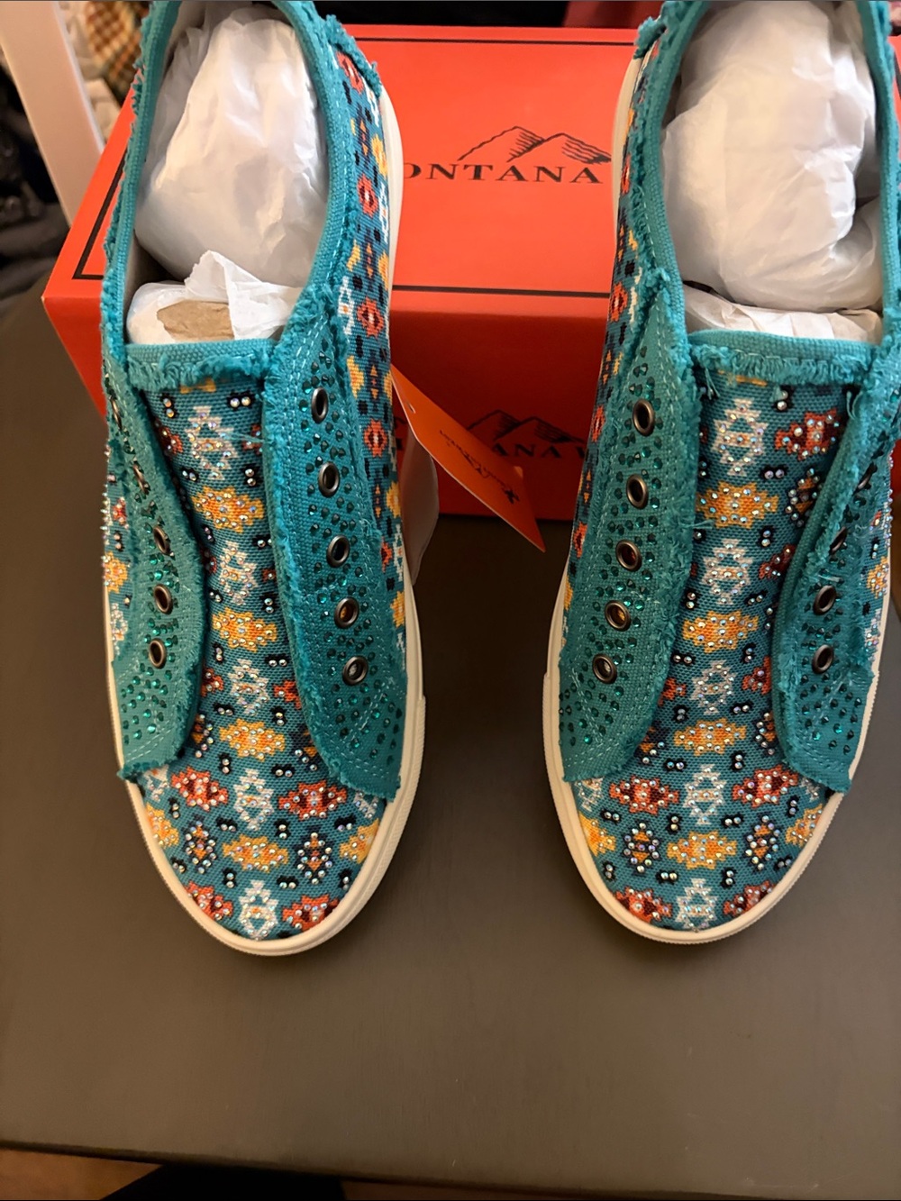 Montana West Turquoise Embellished Slip-On Sneakers with Multicolor Beadwork